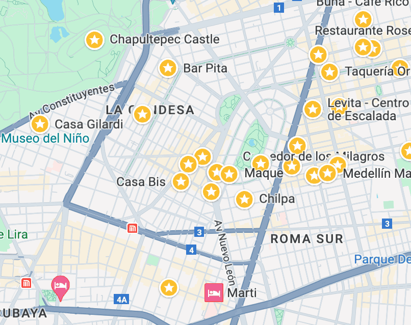 Map showing a section of Mexico City with highlighted restaurants and landmarks marked by yellow star icons.