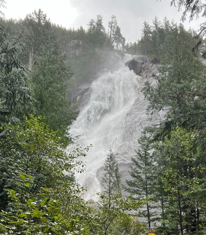 A large waterfall cascades down a rocky cliff surrounded by dense green trees and forest.