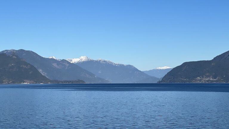 A calm blue lake with distant snow-capped mountains under a clear, bright sky.
