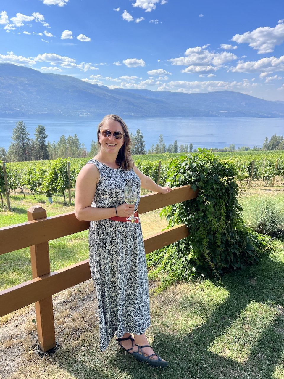 Woman in a patterned dress stands by a wooden fence, holding a drink, with vineyards and a lake in the background under a blue sky.