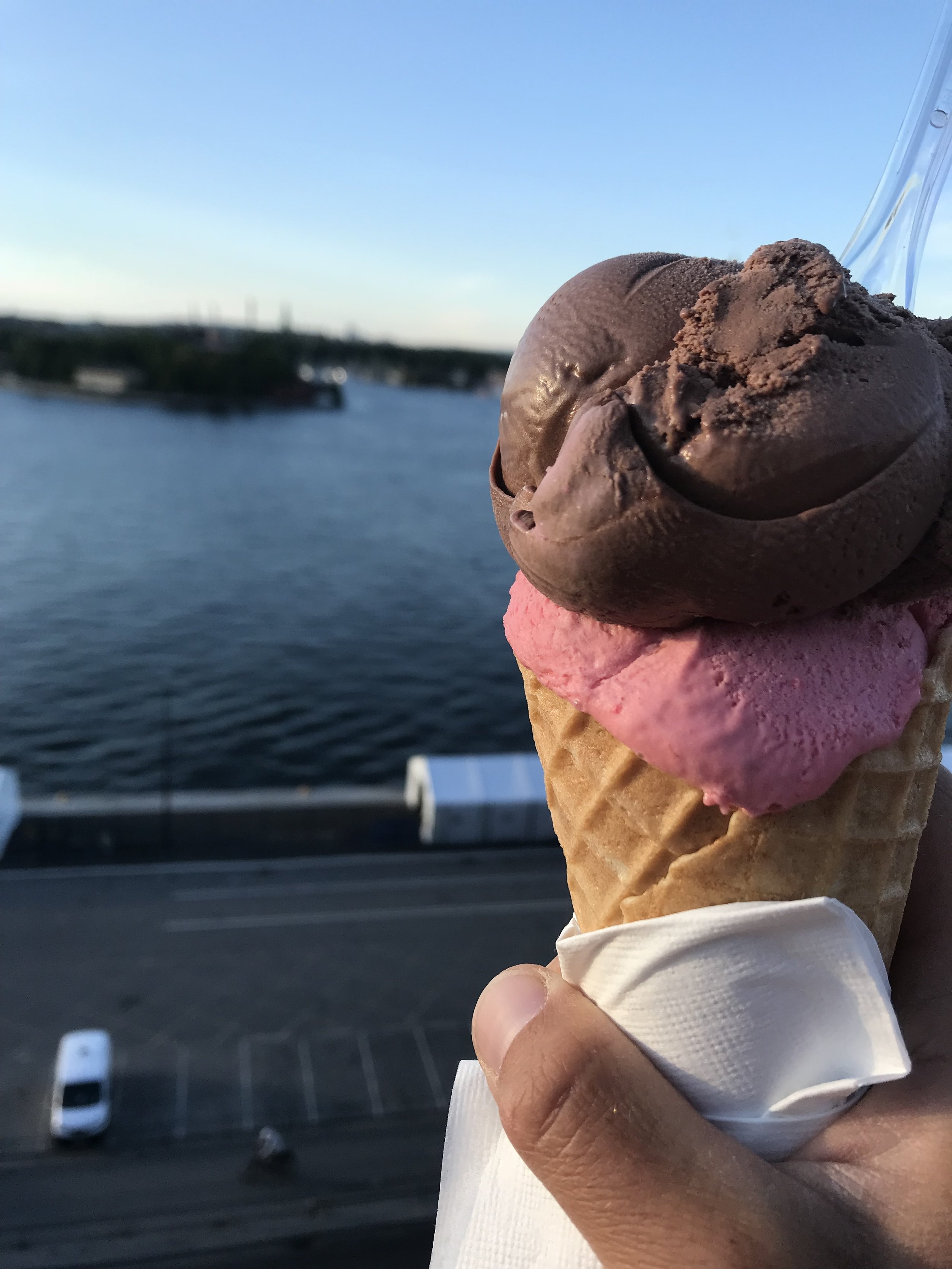A hand holds a waffle cone with chocolate and pink ice cream in front of a river and distant greenery under a clear sky.