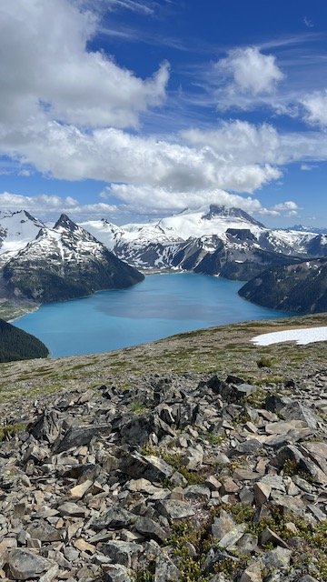 Snow-capped mountains surround a bright blue lake under a partly cloudy sky, with rocky terrain in the foreground.