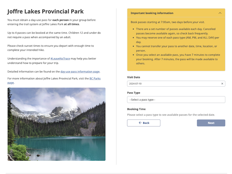 Screenshot of a Joffre Lakes Provincial Park permit booking page with park info, booking instructions, and a lake and mountain photo.