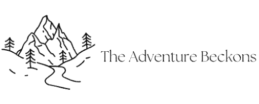 Line drawing of mountains, trees, and a winding path with The Adventure Beckons in simple font, inviting you to explore.
