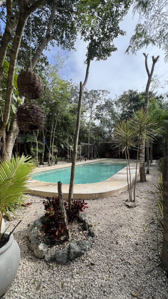 A small outdoor swimming pool surrounded by trees and plants, offering a tranquil Tulum vibe in a lush garden setting.