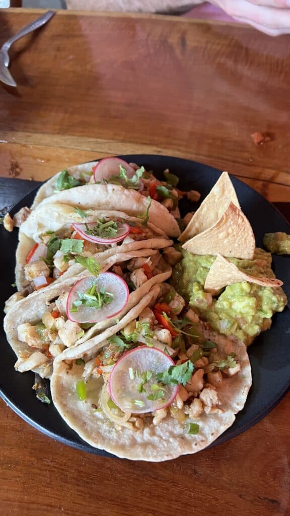 A plate of tacos with diced meat, radishes, and cilantro—perfect for your Tulum travel adventure—served with guacamole and tortilla chips.