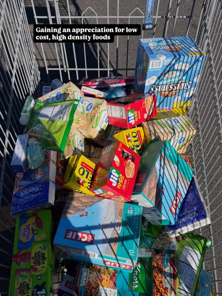 A shopping cart filled with trail snacks, perfect for PCT hiking, sits in a parking lot with sunlight casting long shadows.