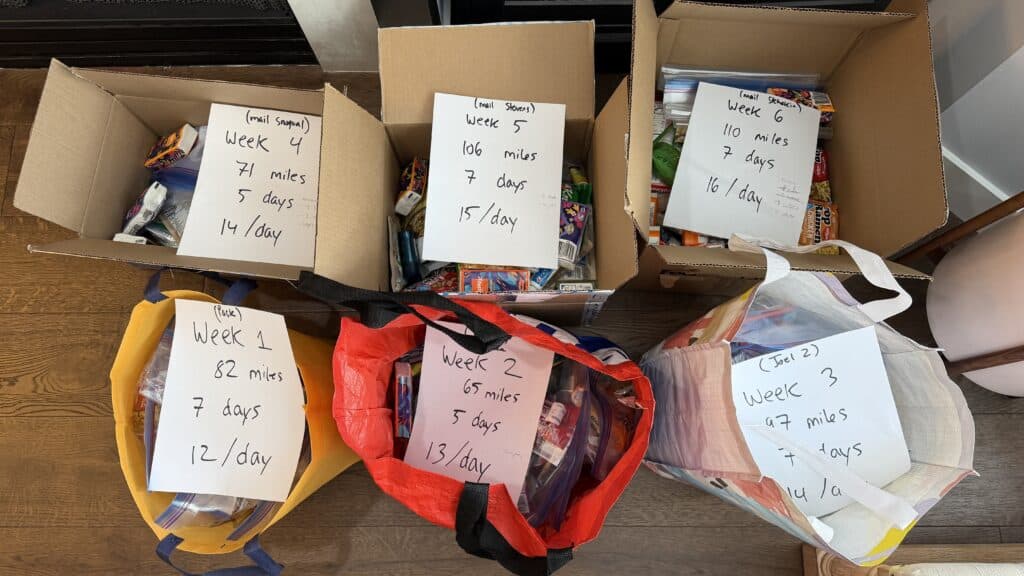 Five bags and boxes labeled for each week, perfect for organizing snacks and supplies on your Pacific Crest Trail thru-hiking journey.