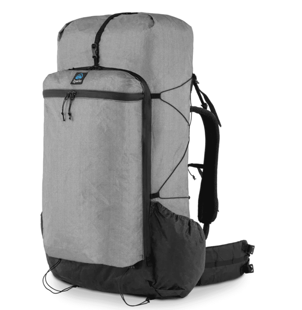 Large gray hiking backpack with black straps—ideal for Pacific Crest Trail adventures. Features mesh side pocket and padded hip belt.