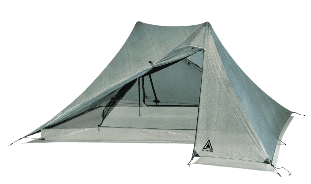 Lightweight, freestanding two-person backpacking tent with mesh door—essential hiking equipment—pitched on a white background.