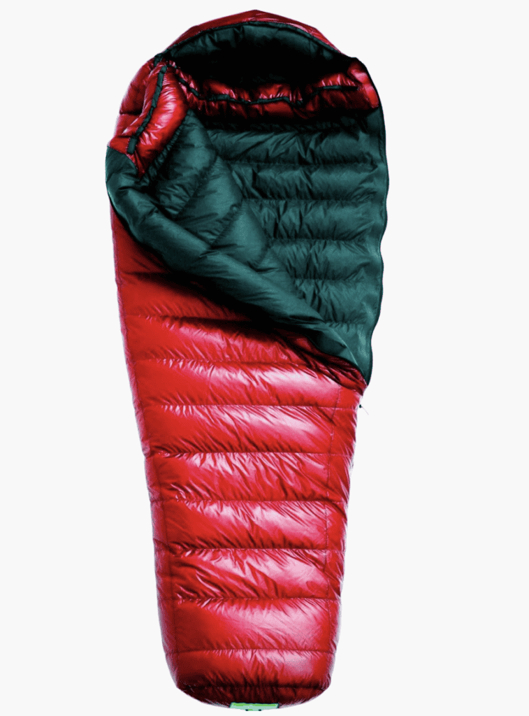 Red and dark green mummy-style sleeping bag, ideal backpacking gear for the Pacific Crest Trail, unzipped at the top against a white background.