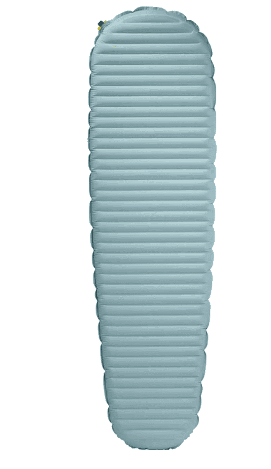 Light blue, tapered inflatable sleeping pad—ideal backpacking gear for the Pacific Crest Trail—shown from above against a white background.