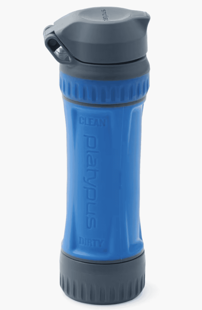 Blue and gray Platypus water bottle labeled clean/dirty, ideal backpacking gear for adventures like the Pacific Crest Trail.