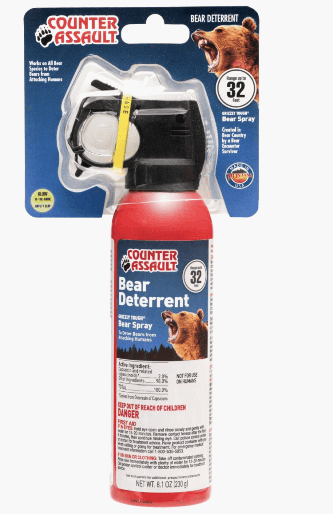 Essential Backpacking Gear: Counter Assault Bear Deterrent, 8.1 oz canister, ideal for Pacific Crest Trail hikes; includes safety cap and warnings.