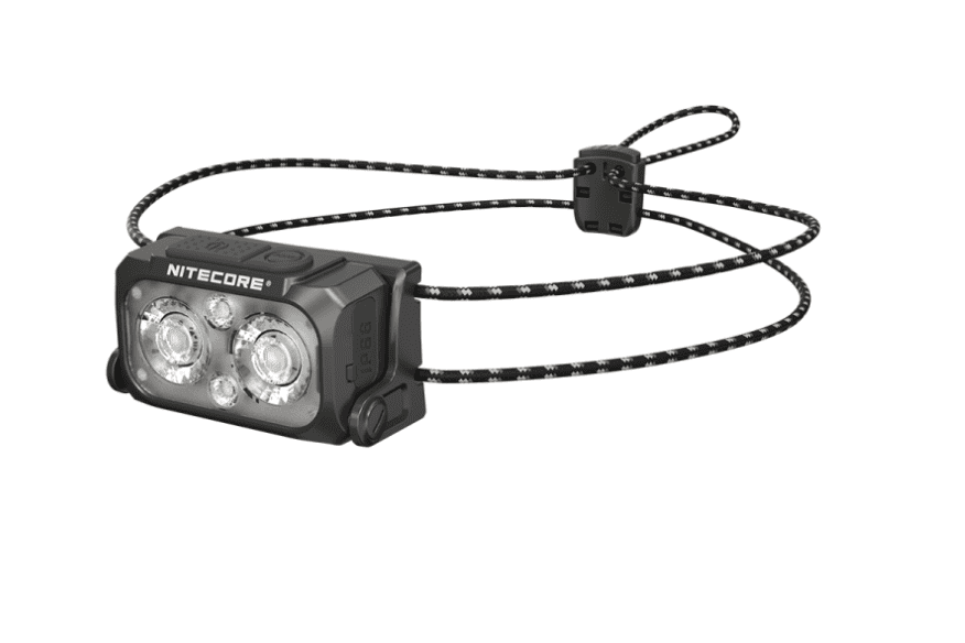 Black Nitecore headlamp with dual LEDs and elastic strap—essential hiking equipment for the Pacific Crest Trail.
