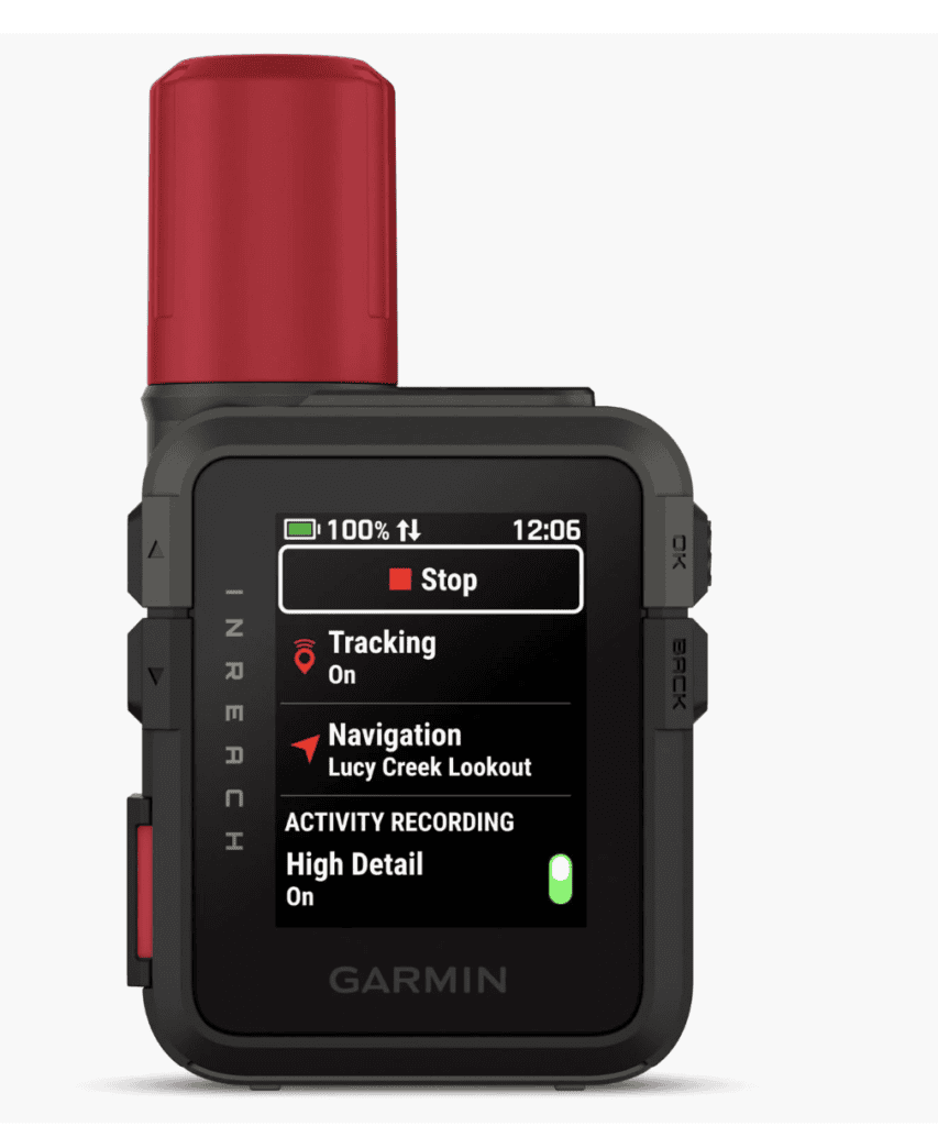 Garmin GPS device with a red antenna is essential hiking equipment, displaying tracking and navigation options for any outdoor trek.