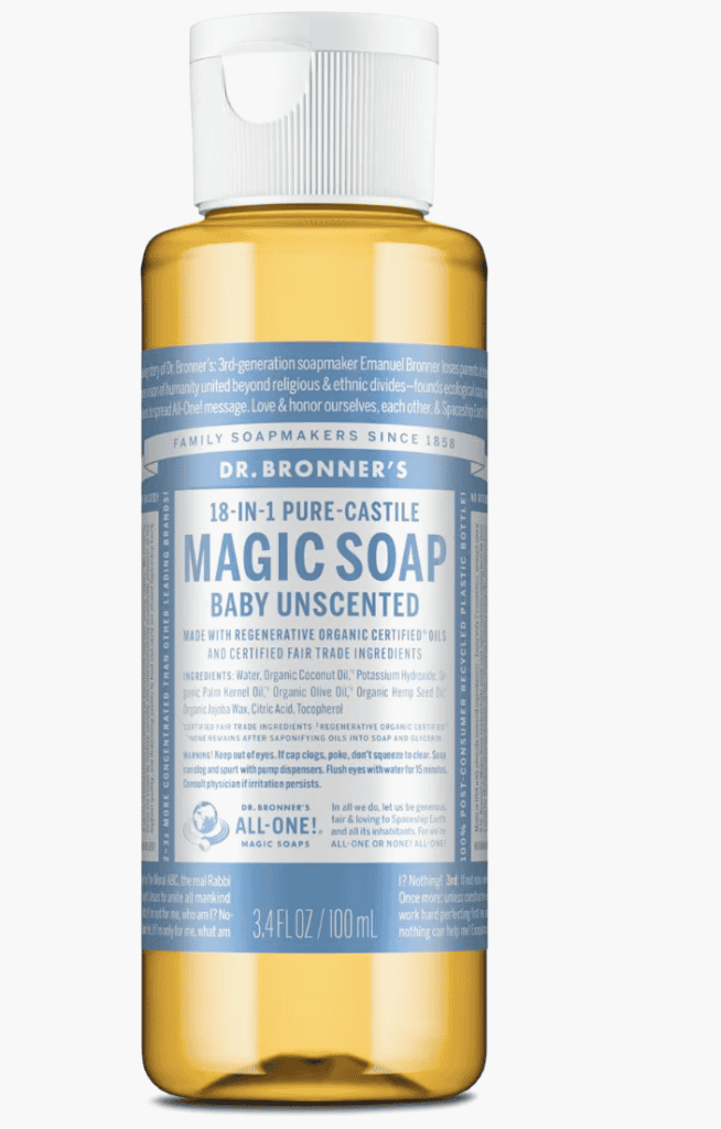 Perfect for hiking equipment or backpacking gear, this 3.4 fl oz Dr. Bronner’s Pure-Castile Baby Unscented Soap is PCT-ready.