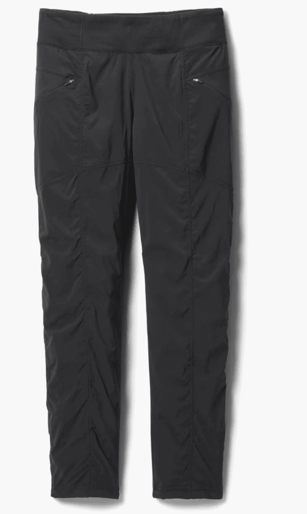 Black, lightweight women's pants with zippered pockets—ideal backpacking gear—displayed flat against a white background.
