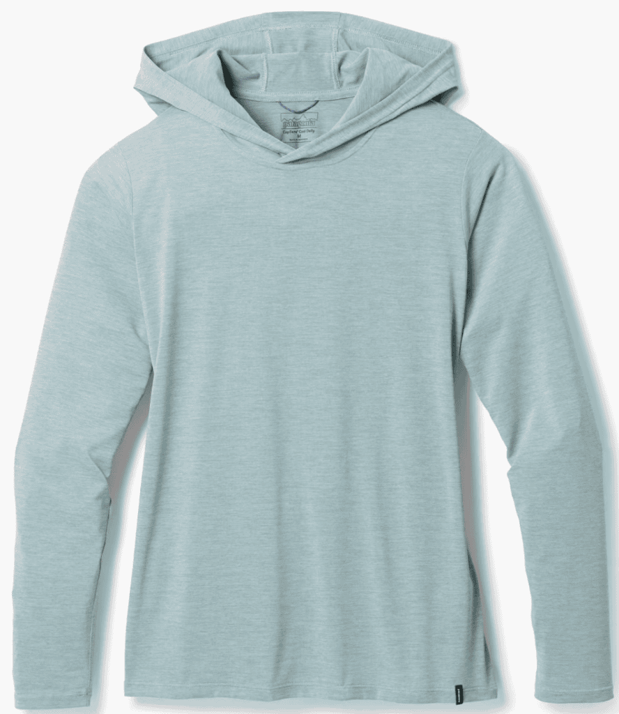 Light blue, long-sleeve hooded shirt—ideal backpacking gear for hiking or exploring the Pacific Crest Trail. Laid flat on white background.