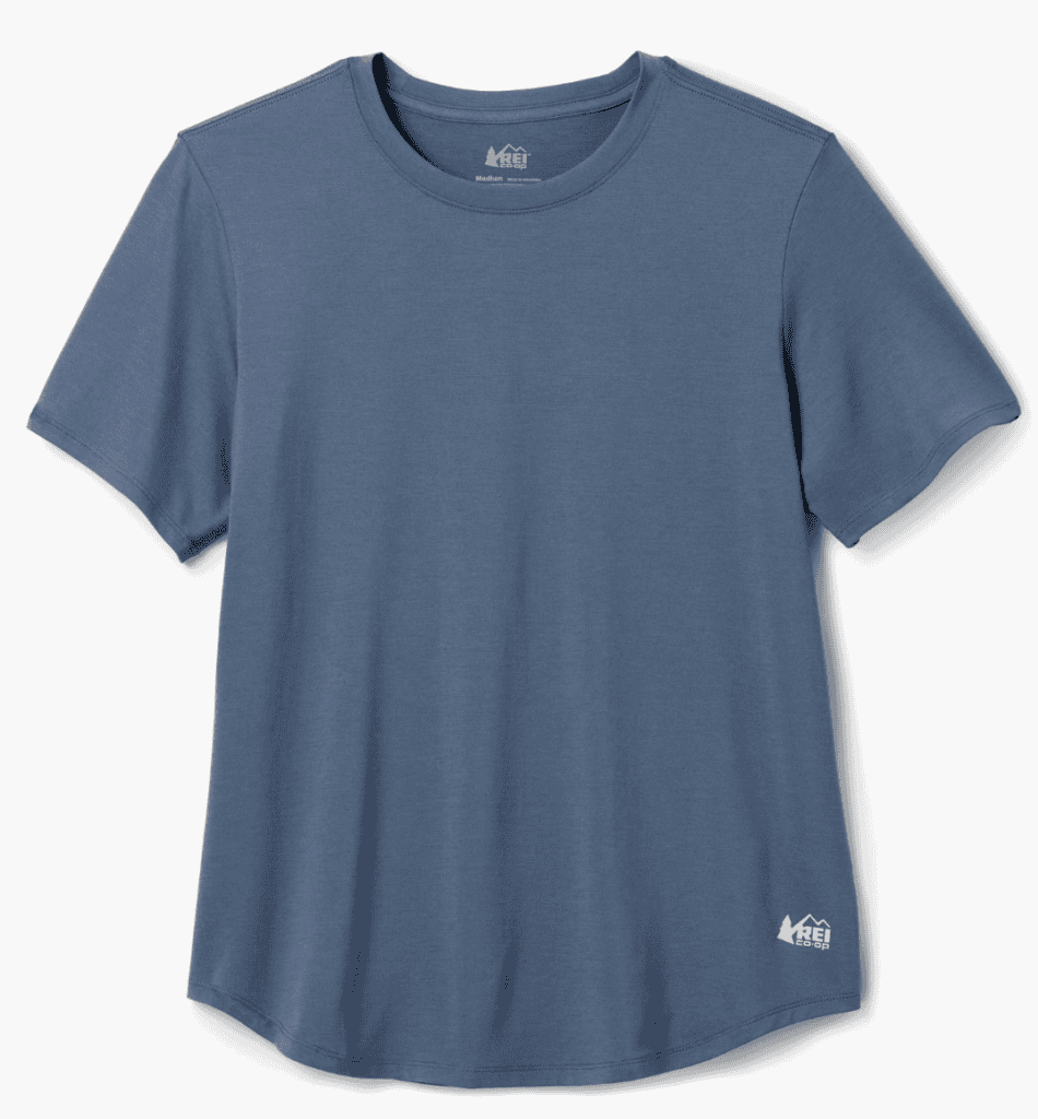 Plain blue short-sleeve t-shirt with crew neck, ideal for hiking or as backpacking gear, small REI logo on bottom left hem.