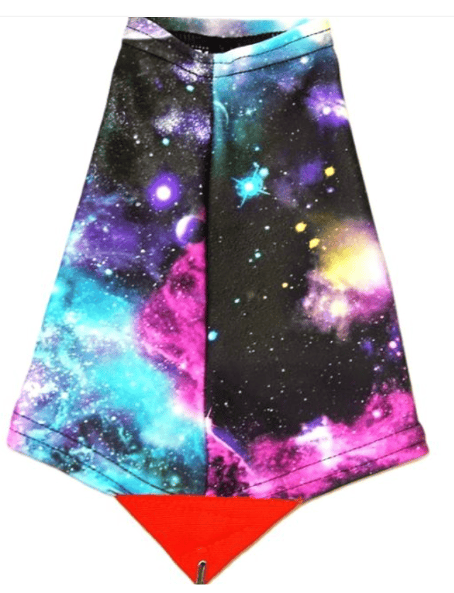 A colorful, galaxy-patterned cape with a red triangular tip—perfect hiking flair for Pacific Crest Trail backpacking gear.