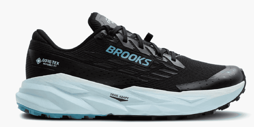 A black and light blue Brooks running shoe with Gore-Tex branding, ideal as lightweight backpacking gear on the Pacific Crest Trail.