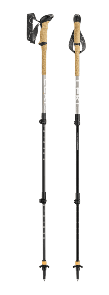 Two adjustable trekking poles, essential backpacking gear, with cork handles and markings, stand upright against a white background.