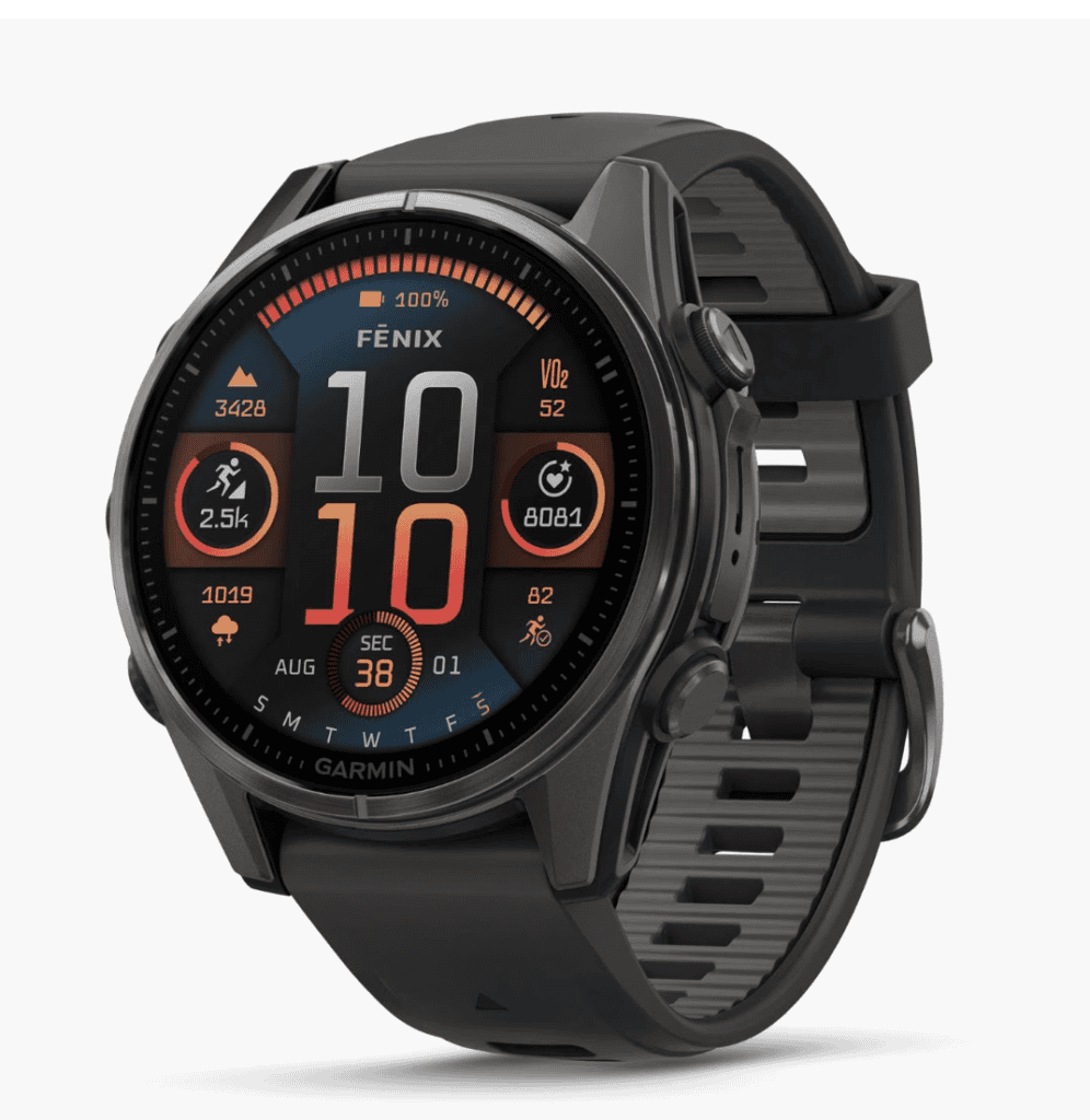 Black Garmin Fenix smartwatch displaying time, date, and health metrics—perfect hiking equipment for the Pacific Crest Trail.