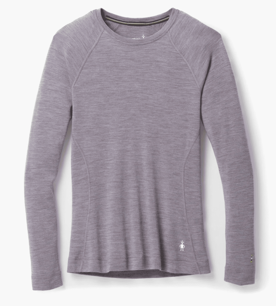 Perfect for hiking or as backpacking gear on the Pacific Crest Trail, this long-sleeve, heathered purple shirt features blue and pink tones.