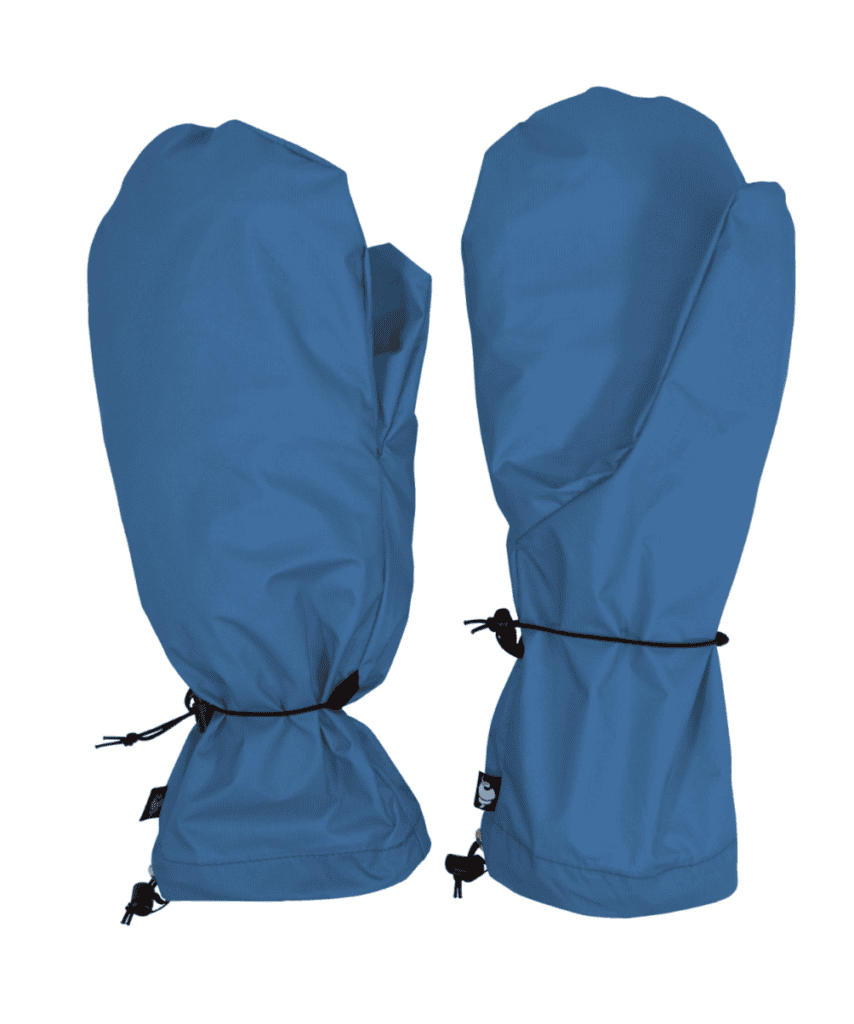 A pair of blue waterproof mittens, perfect for Pacific Crest Trail backpacking gear, are laid side by side on a white background.